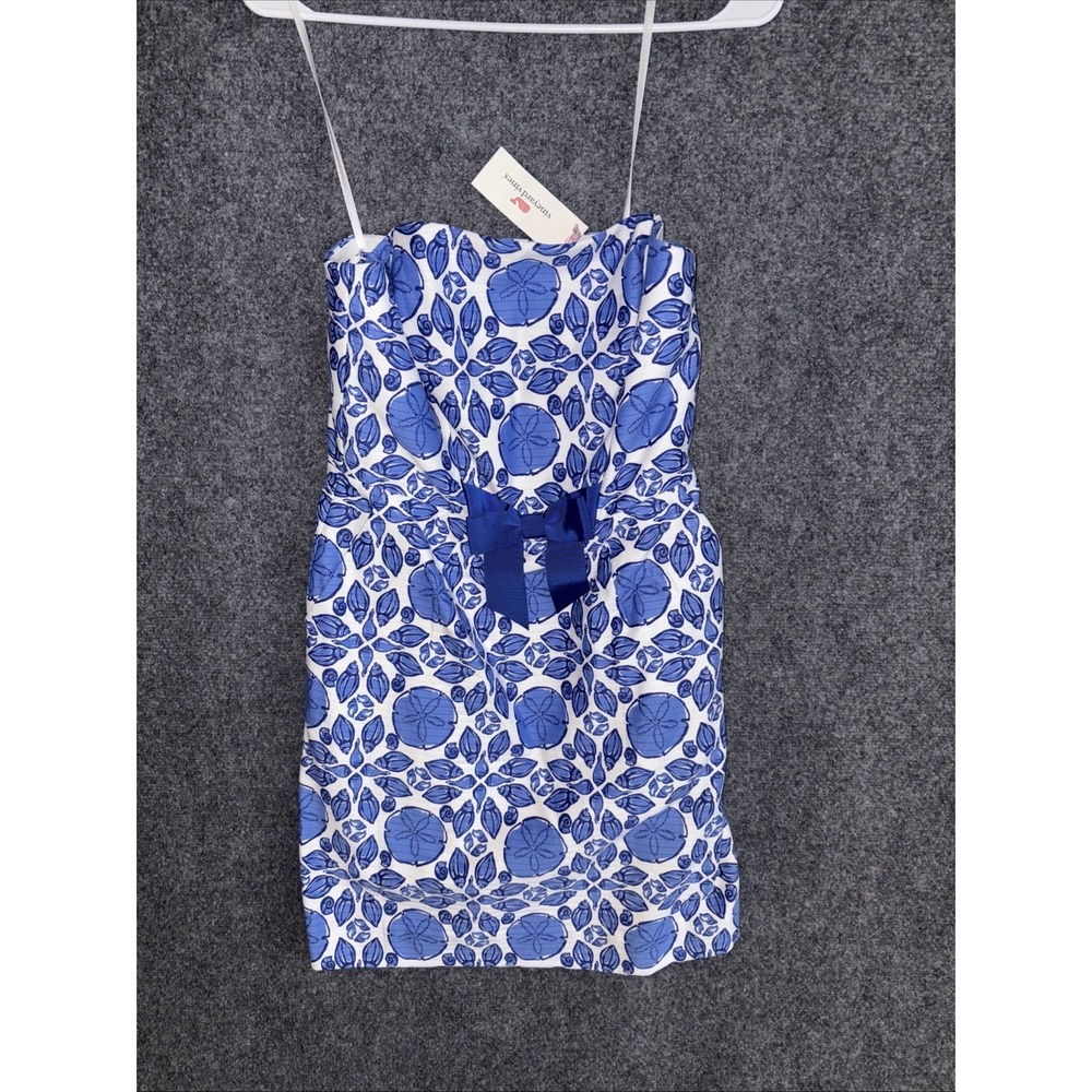 Vineyard Vines Women Strapless Dress Breaker Blue Shell Tile Print Size 4 NWT